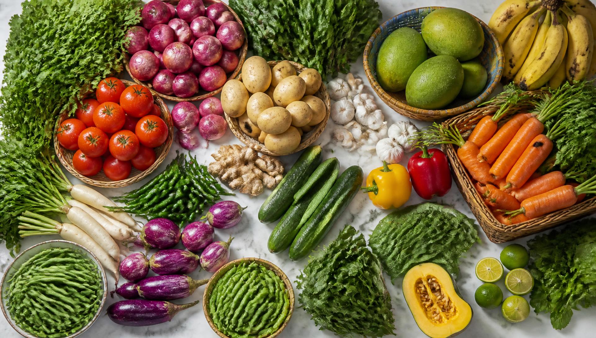 Fresh fruits and vegetables spread on a market table
